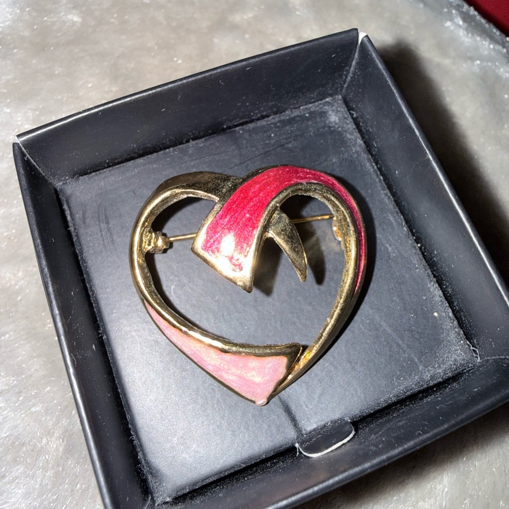 Gold and Pink Heart Enamel Brooch